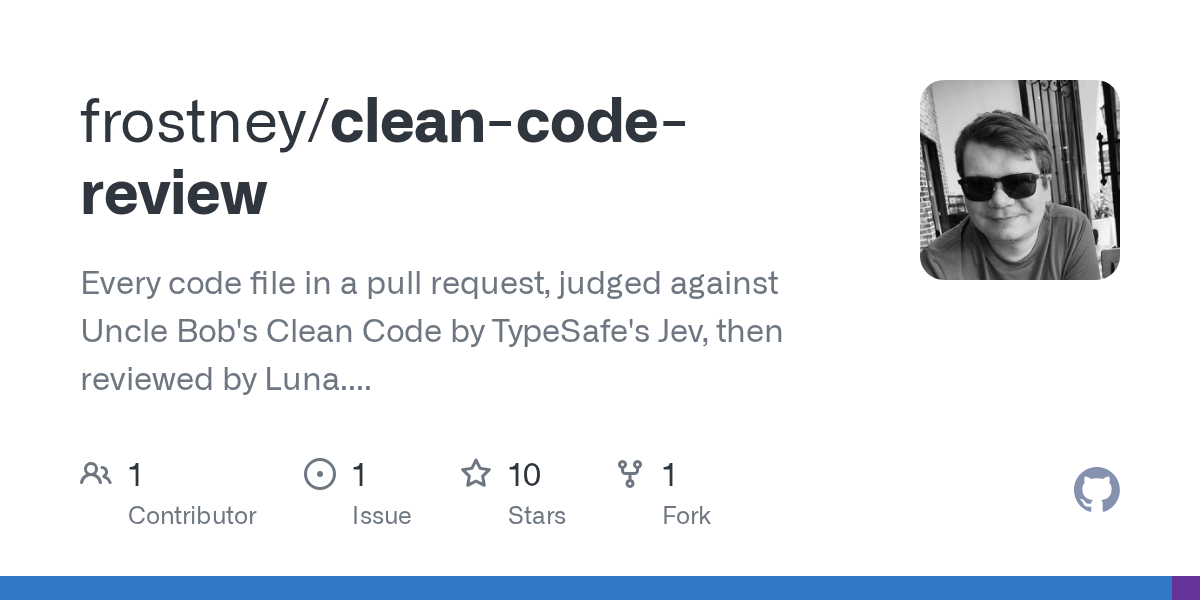 GitHub 为 frostney/clean-code-review 仓库生成的 OpenGraph 预览图;这是仓库预览,不是软件运行截图。内容依据其公开仓库整理。