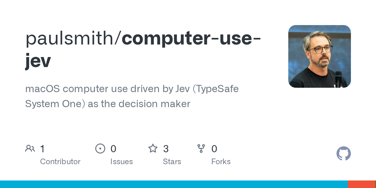 GitHub 为 paulsmith/computer-use-jev 仓库生成的 OpenGraph 预览图；这是仓库预览，不是软件运行截图。内容依据其公开仓库整理。