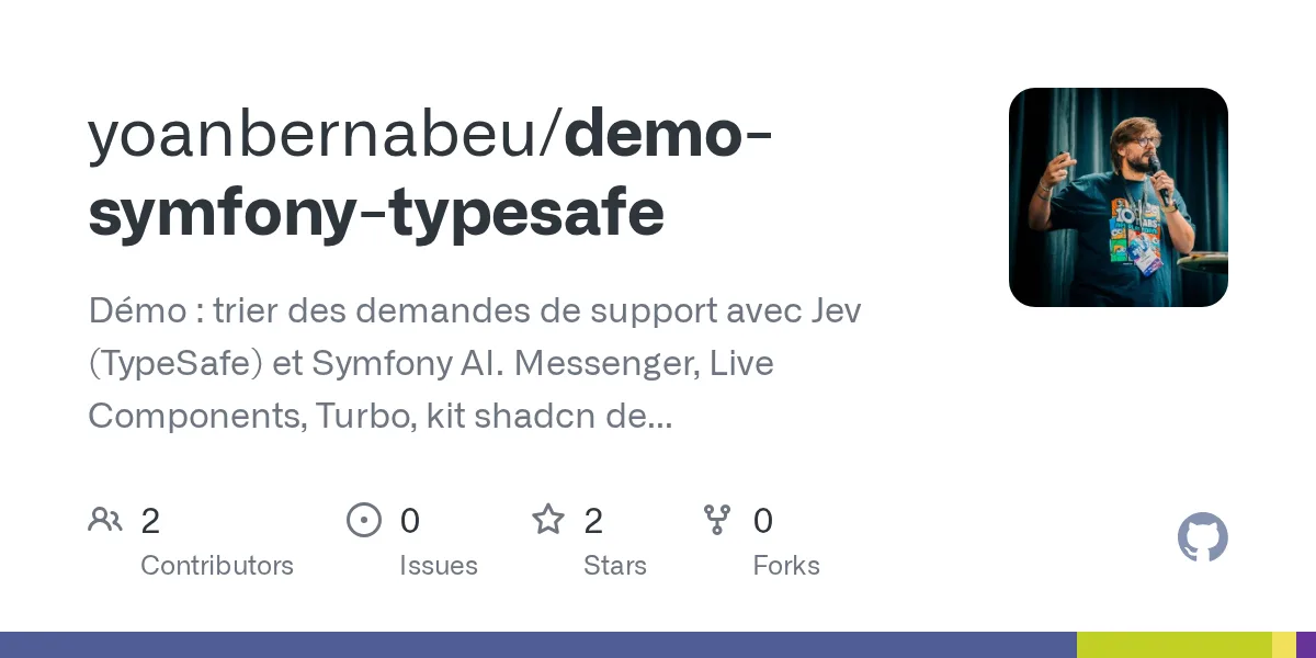 GitHub 为 yoanbernabeu/demo-symfony-typesafe 仓库生成的 OpenGraph 预览图；这是仓库预览，不是软件运行截图。内容依据其公开仓库整理。