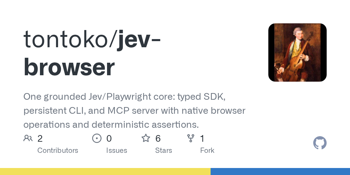 GitHub 为 tontoko/jev-browser 仓库生成的 OpenGraph 预览图;这是仓库预览,不是软件运行截图。内容依据其公开仓库整理。