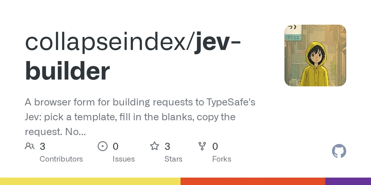 GitHub 为 collapseindex/jev-builder 仓库生成的 OpenGraph 预览图;这是仓库预览,不是软件运行截图。内容依据其公开仓库整理。