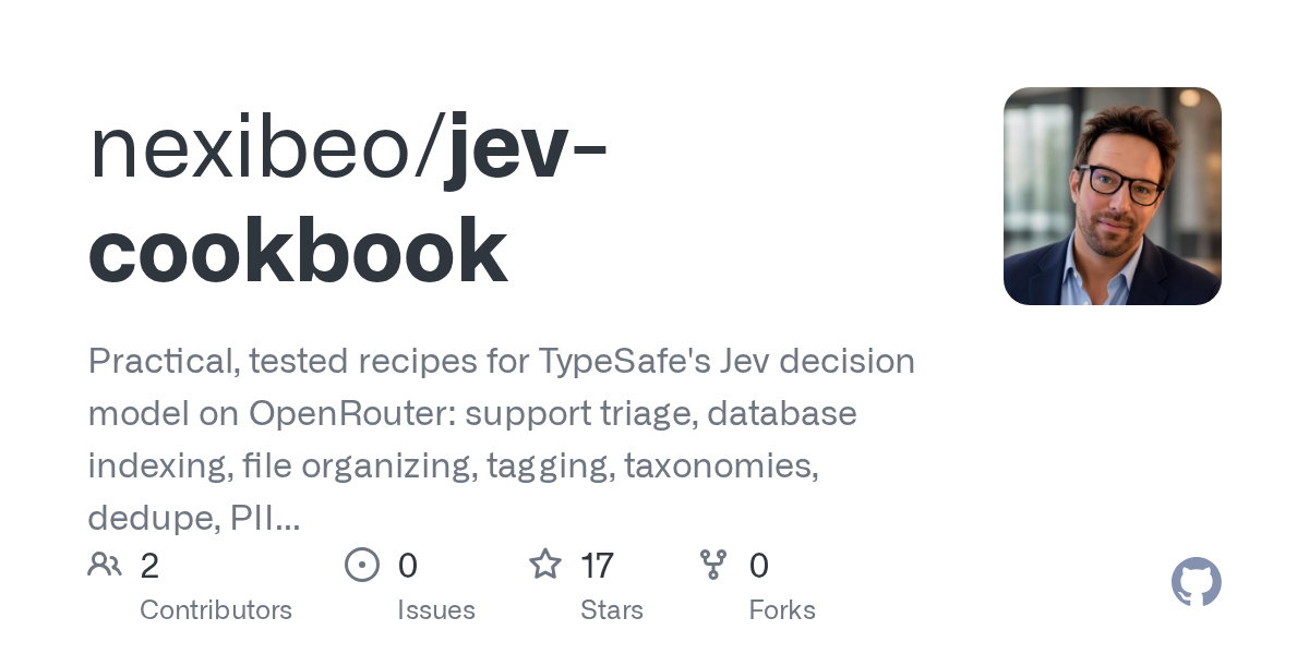 GitHub Open Graph preview for the nexibeo/jev-cookbook repository; a repository preview, not a screenshot of running software. Notes are based on its public source.