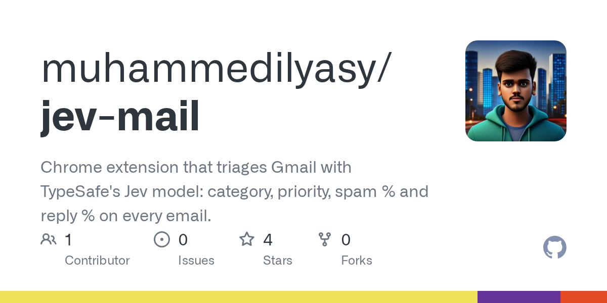 GitHub 为 muhammedilyasy/jev-mail 仓库生成的 OpenGraph 预览图；这是仓库预览，不是软件运行截图。内容依据其公开仓库整理。