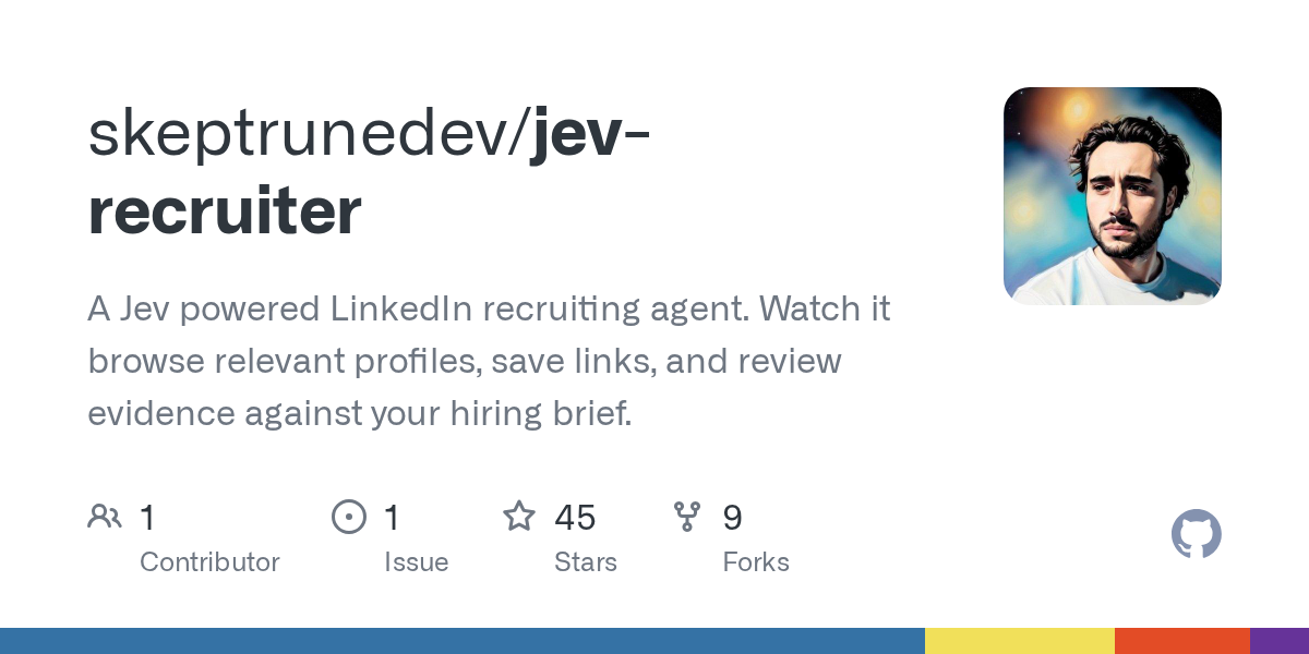 GitHub Open Graph preview for the skeptrunedev/jev-recruiter repository; a repository preview, not a screenshot of running software. Notes are based on its public source.