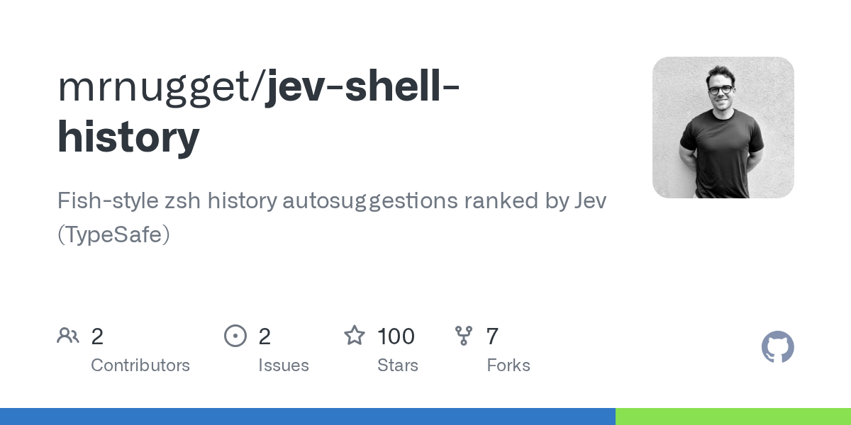 GitHub Open Graph preview for the mrnugget/jev-shell-history repository; a repository preview, not a screenshot of running software. Notes are based on its public source.