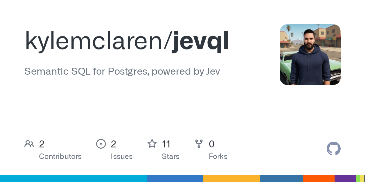 GitHub 为 kylemclaren/jevql 仓库生成的 OpenGraph 预览图;这是仓库预览,不是软件运行截图。内容依据其公开仓库整理。