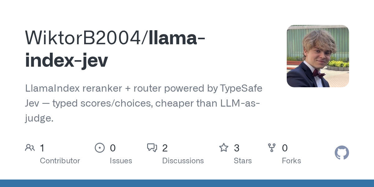 GitHub 为 WiktorB2004/llama-index-jev 仓库生成的 OpenGraph 预览图；这是仓库预览，不是软件运行截图。内容依据其公开仓库整理。