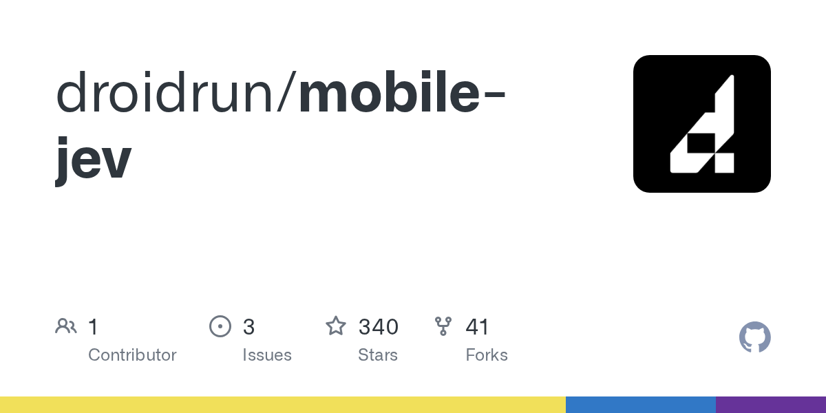 GitHub 为 droidrun/mobile-jev 仓库生成的 OpenGraph 预览图；这是仓库预览，不是软件运行截图。内容依据其公开仓库整理。