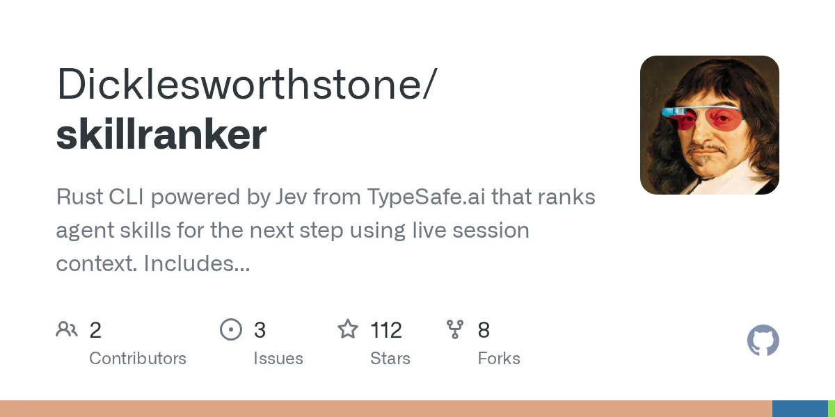 GitHub 为 Dicklesworthstone/skillranker 仓库生成的 OpenGraph 预览图；这是仓库预览，不是软件运行截图。内容依据其公开仓库整理。