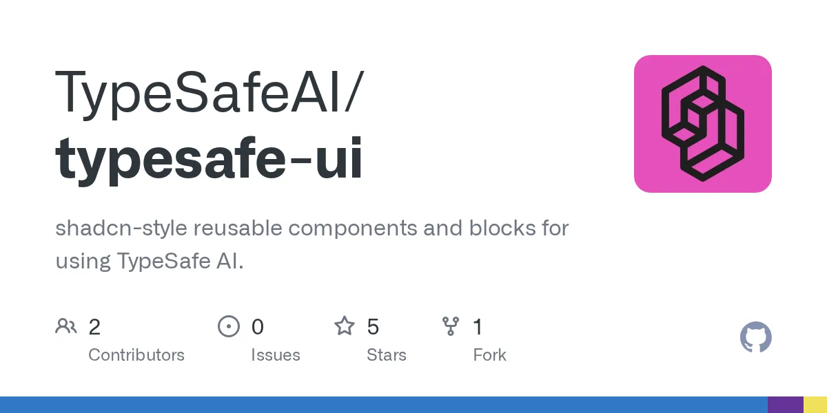 GitHub 为 TypeSafeAI/typesafe-ui 仓库生成的 OpenGraph 预览图;这是仓库预览,不是软件运行截图。内容依据其公开仓库整理。