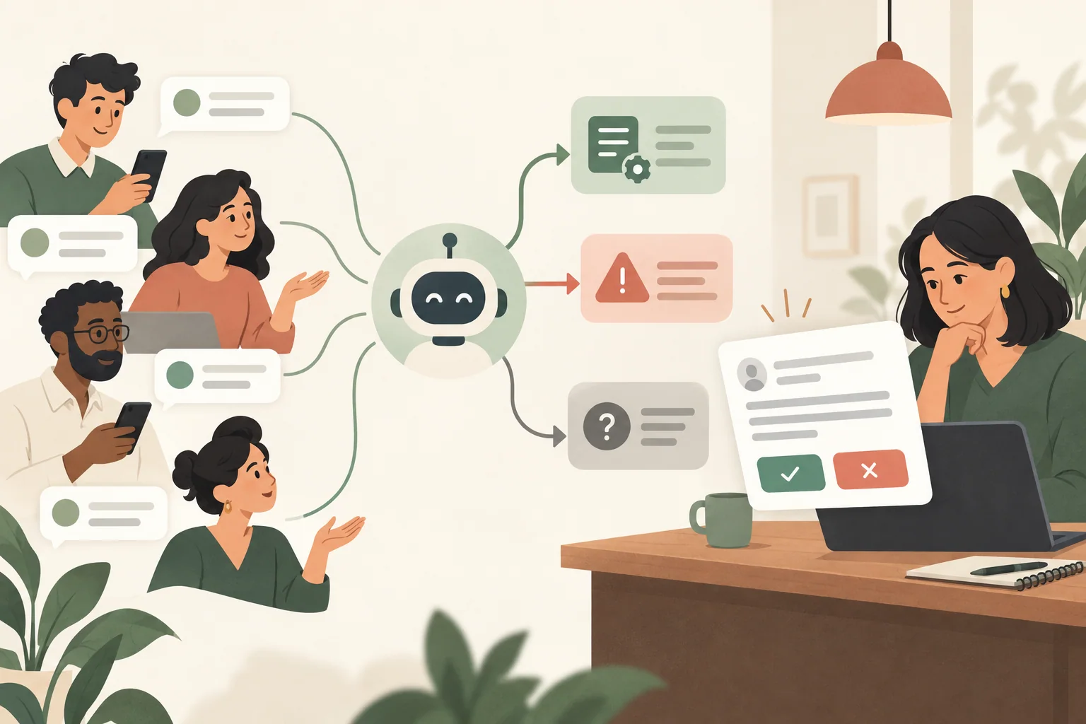 Group messages flow into triage and a human-reviewed draft. AI concept art, not a platform screenshot.